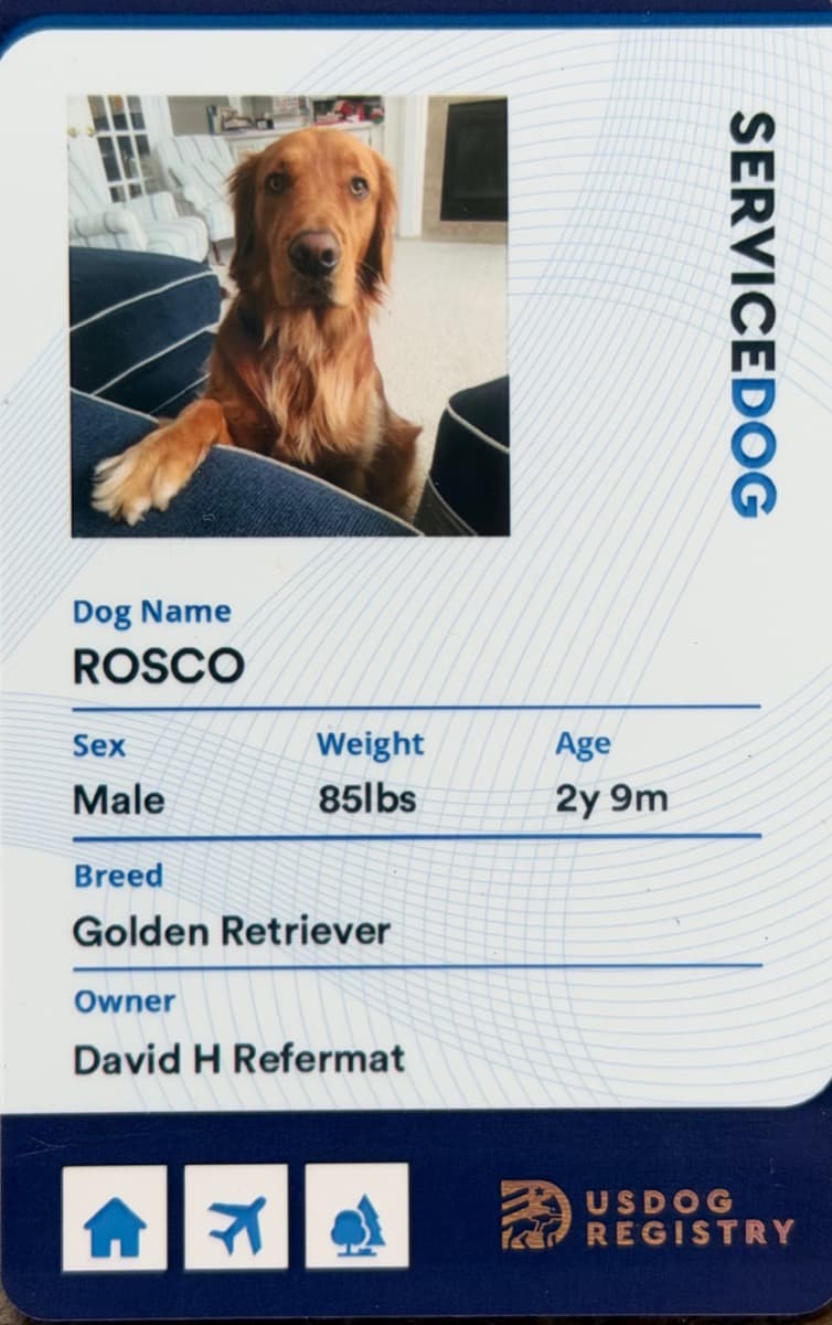 Rosco's service dog identification badge for The Plastic Surgery Group of Rochester